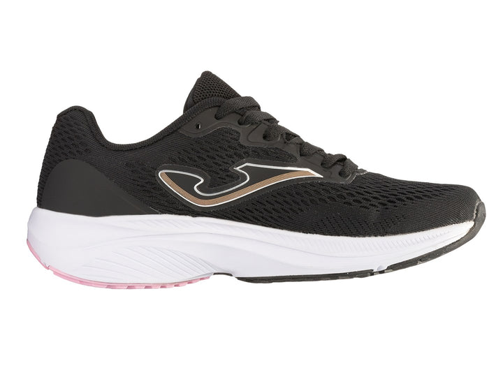 Tenis deportivos Joma color negro con suela blanca y detalles en rosa.