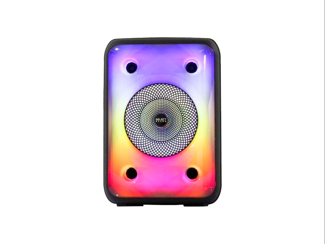 Bocina Select Sound BT1018 Cosmic color negro con panel frontal iluminado en colores multicolor y rejilla central.