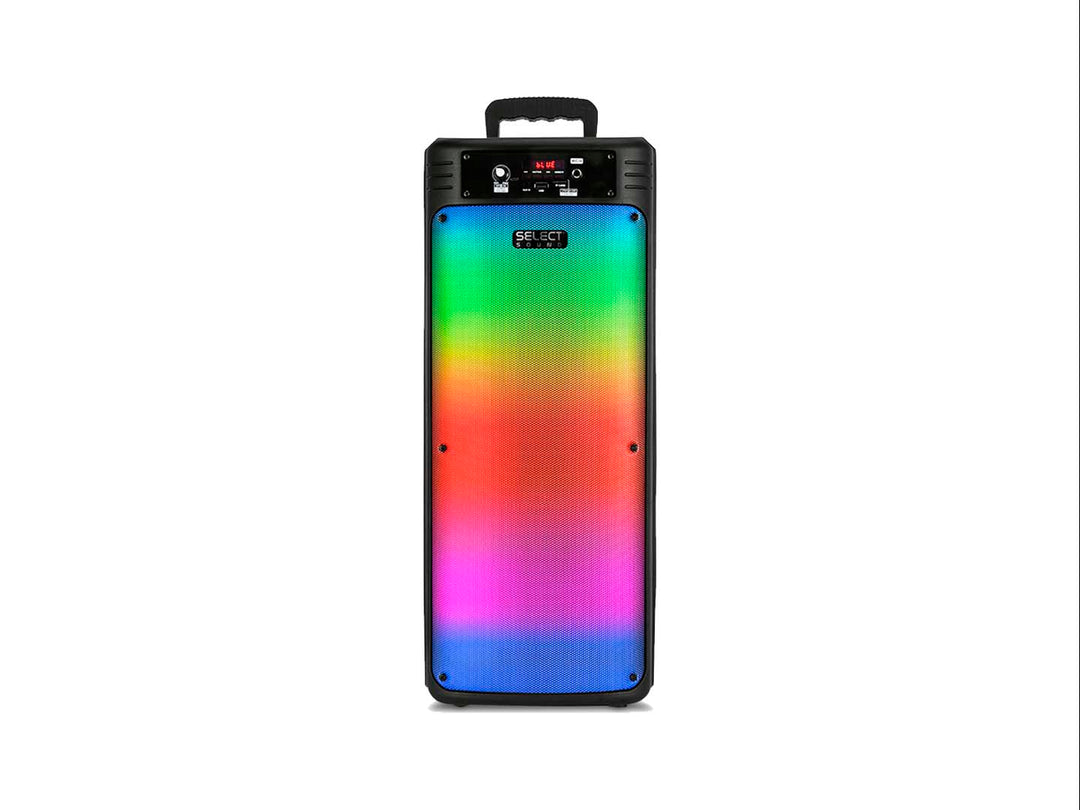 Bocina Select Sound BT2008 color negro con rejilla frontal iluminada en colores multicolor y asa superior.