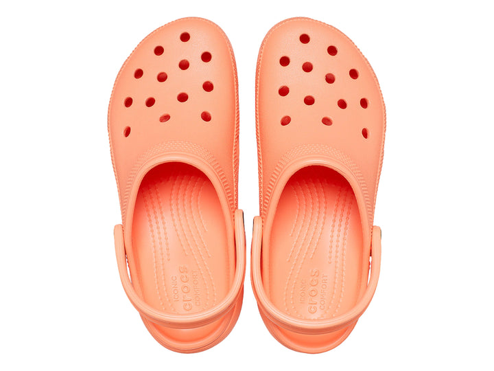 Zuecos Crocs Classic Platform Clog en color papaya con plataforma elevada y correa trasera.