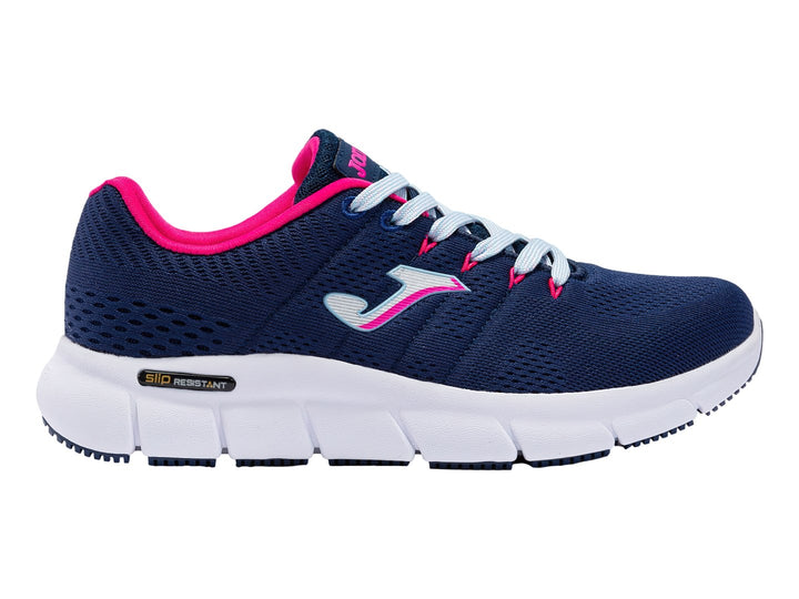 Tenis deportivos Joma color azul marino con suela blanca y detalles en rosa.