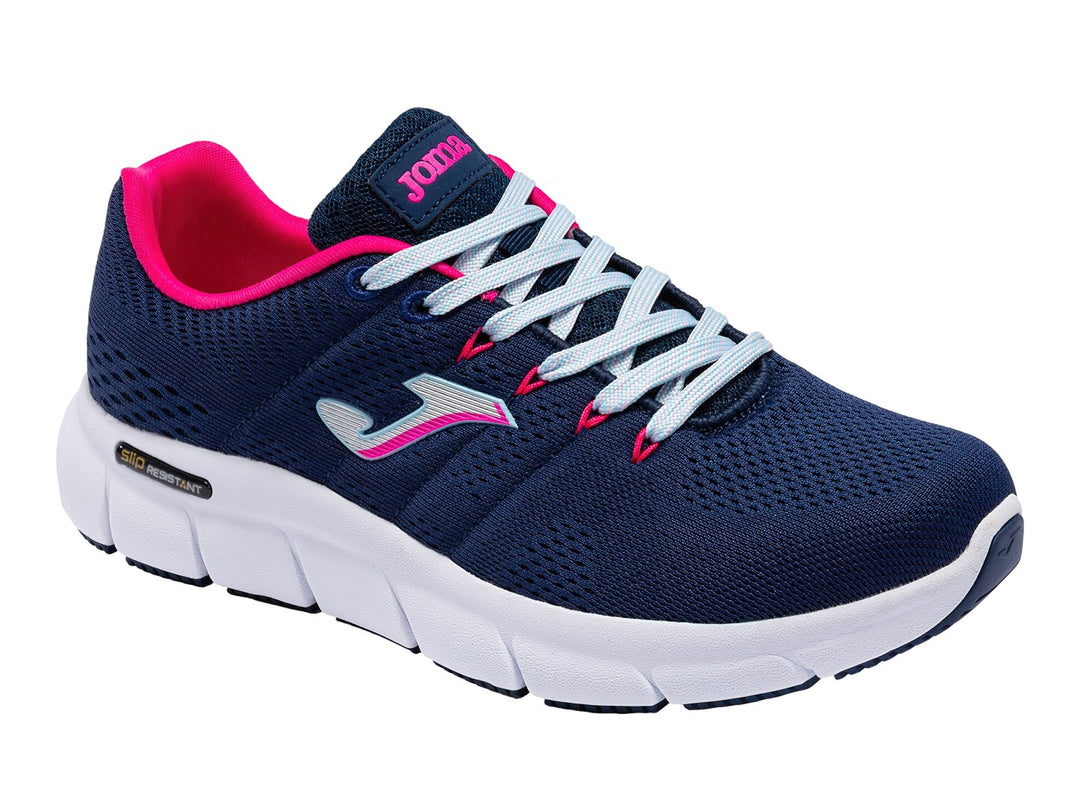 Tenis deportivos Joma color azul marino con suela blanca y detalles en rosa.