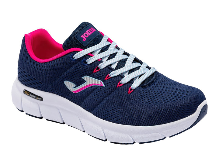 Tenis deportivos Joma color azul marino con suela blanca y detalles en rosa.