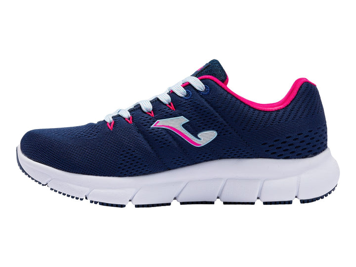 Tenis deportivos Joma color azul marino con suela blanca y detalles en rosa.