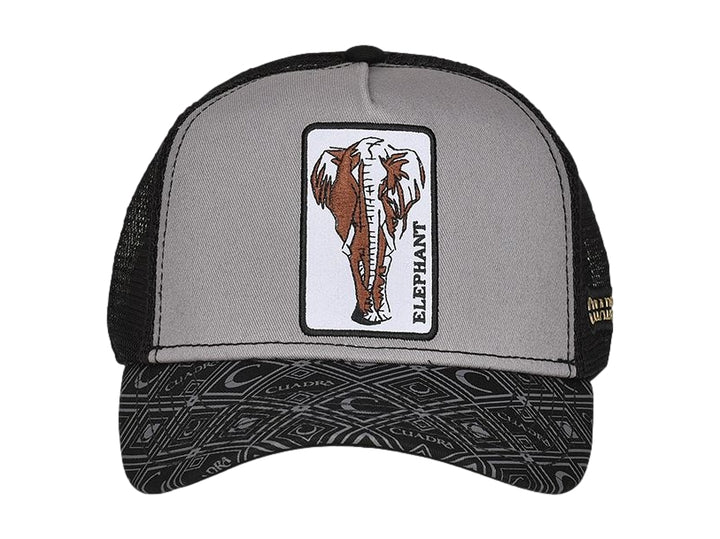 Gorra Cuadra en colores negro y gris con un parche frontal de un elefante y visera con estampado geométrico.
