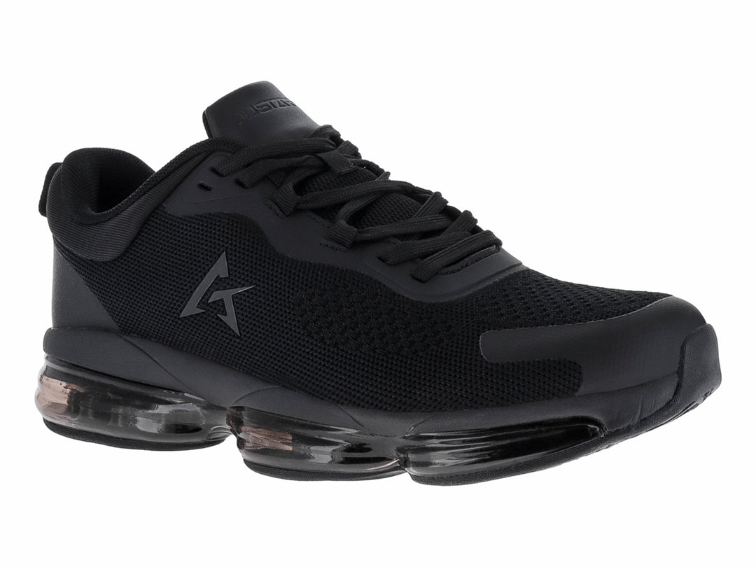 Tenis de baloncesto JUSTART color negro con suela transparente y tejido de malla.