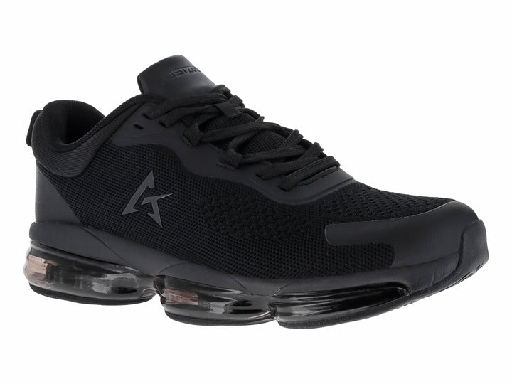 Tenis de baloncesto JUSTART color negro con suela transparente y tejido de malla.