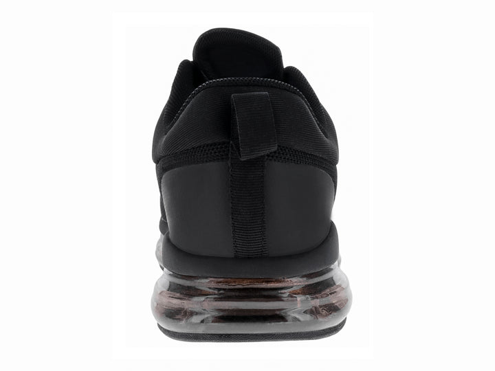 Tenis de baloncesto JUSTART color negro con suela transparente y tejido de malla.