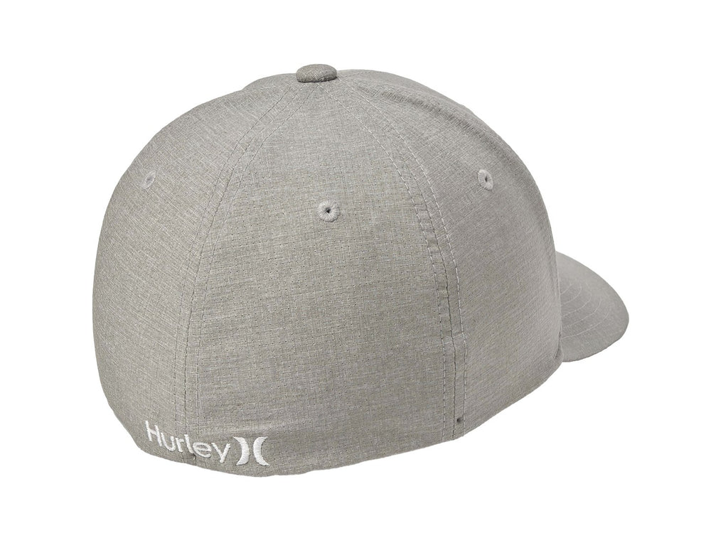 Gorra Hurley color gris con logotipo blanco bordado en el frente y visera curva.