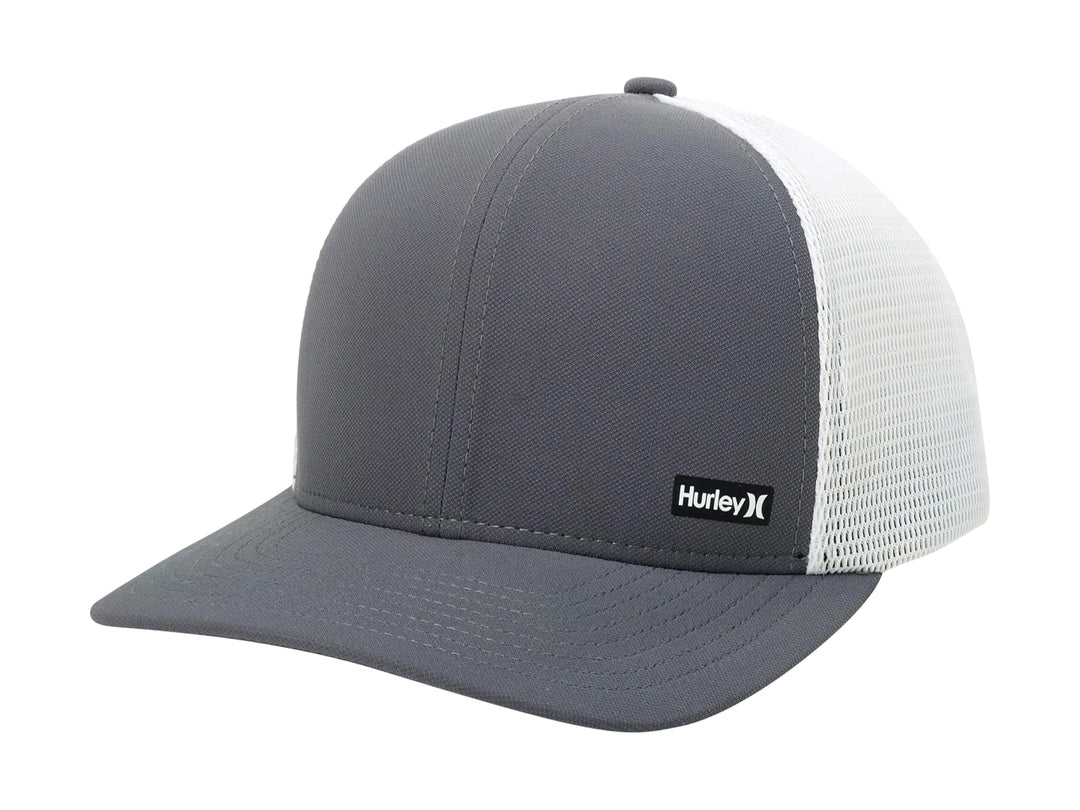 Gorra Hurley de color gris oscuro con panel trasero de malla blanca y logotipo frontal.