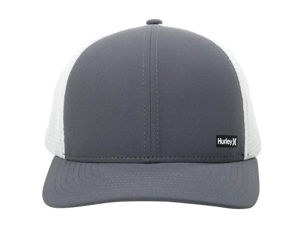 Gorra Hurley de color gris oscuro con panel trasero de malla blanca y logotipo frontal.