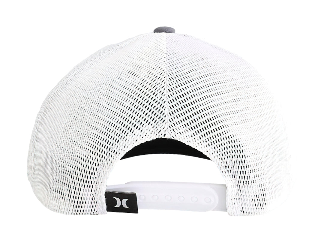 Gorra Hurley de color gris oscuro con panel trasero de malla blanca y logotipo frontal.
