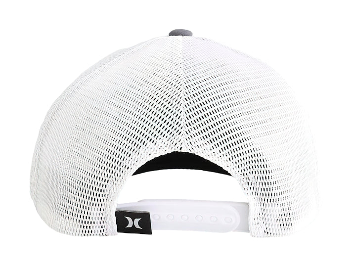 Gorra Hurley de color gris oscuro con panel trasero de malla blanca y logotipo frontal.