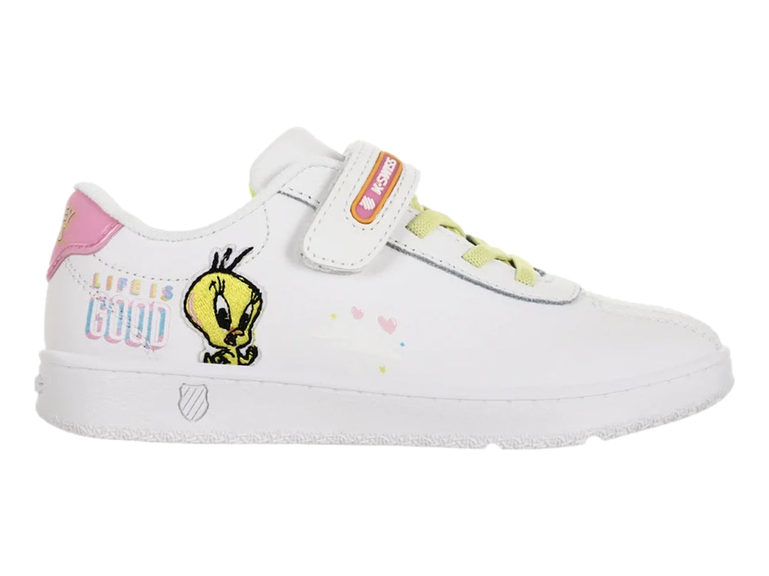Tenis K-Swiss blancos para niña con diseño de Tweety, detalles en rosa y amarillo y cierre de velcro.