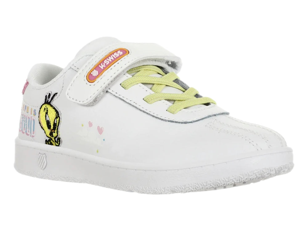 Tenis K-Swiss blancos para niña con diseño de Tweety, detalles en rosa y amarillo y cierre de velcro.