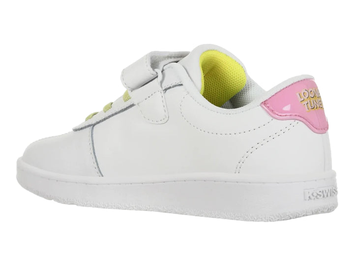 Tenis K-Swiss blancos para niña con diseño de Tweety, detalles en rosa y amarillo y cierre de velcro.
