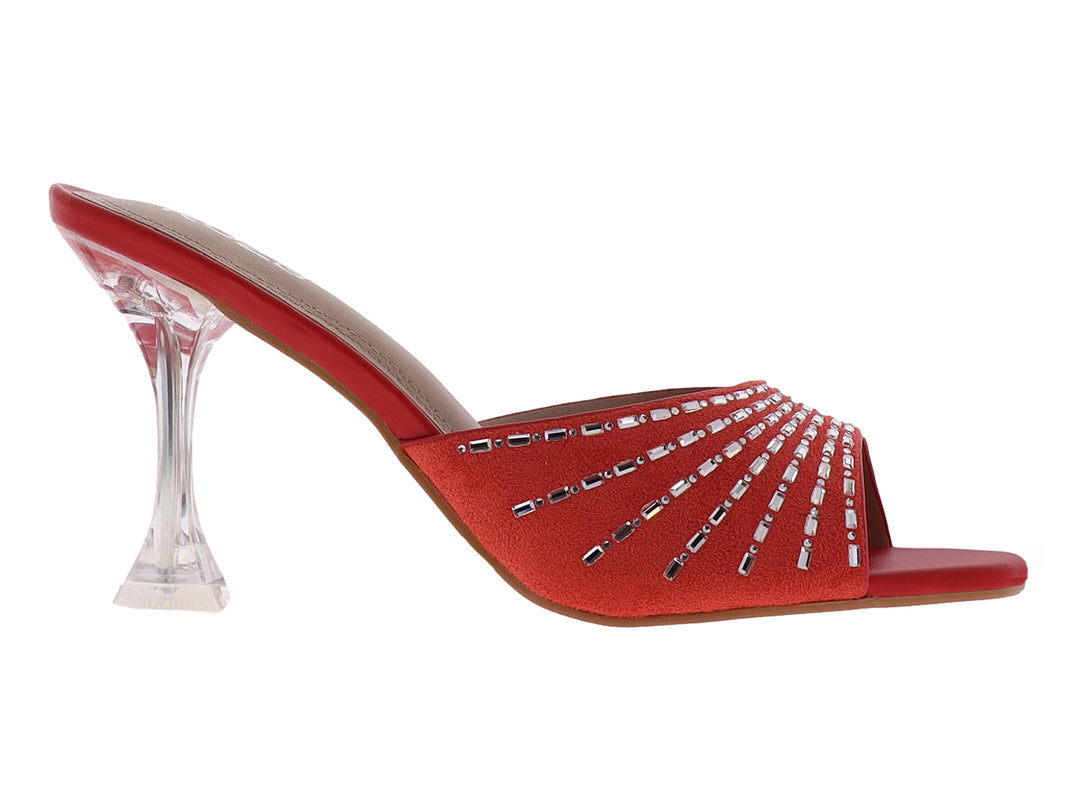 Sandalia roja de tacón transparente con banda frontal decorada con cristales brillantes para mujer.