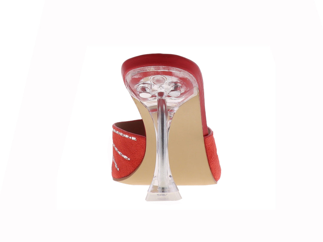 Sandalia roja de tacón transparente con banda frontal decorada con cristales brillantes para mujer.