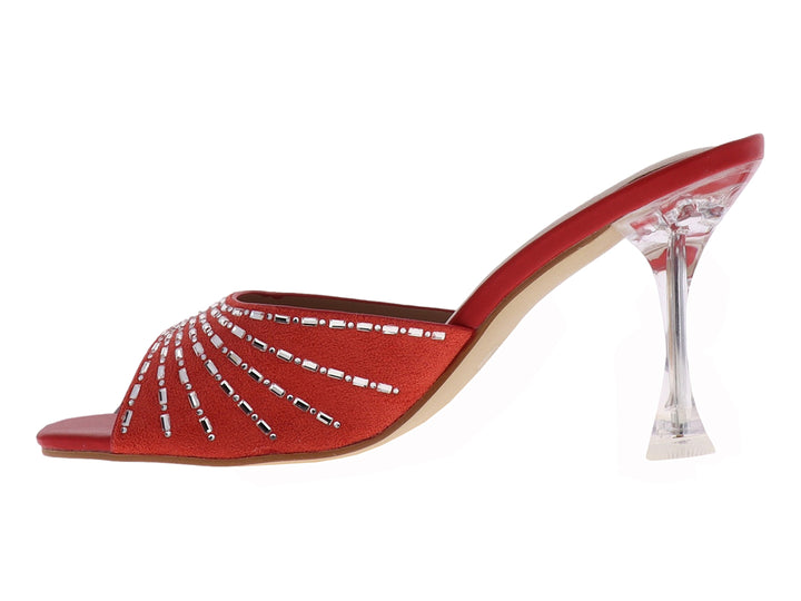 Sandalia roja de tacón transparente con banda frontal decorada con cristales brillantes para mujer.