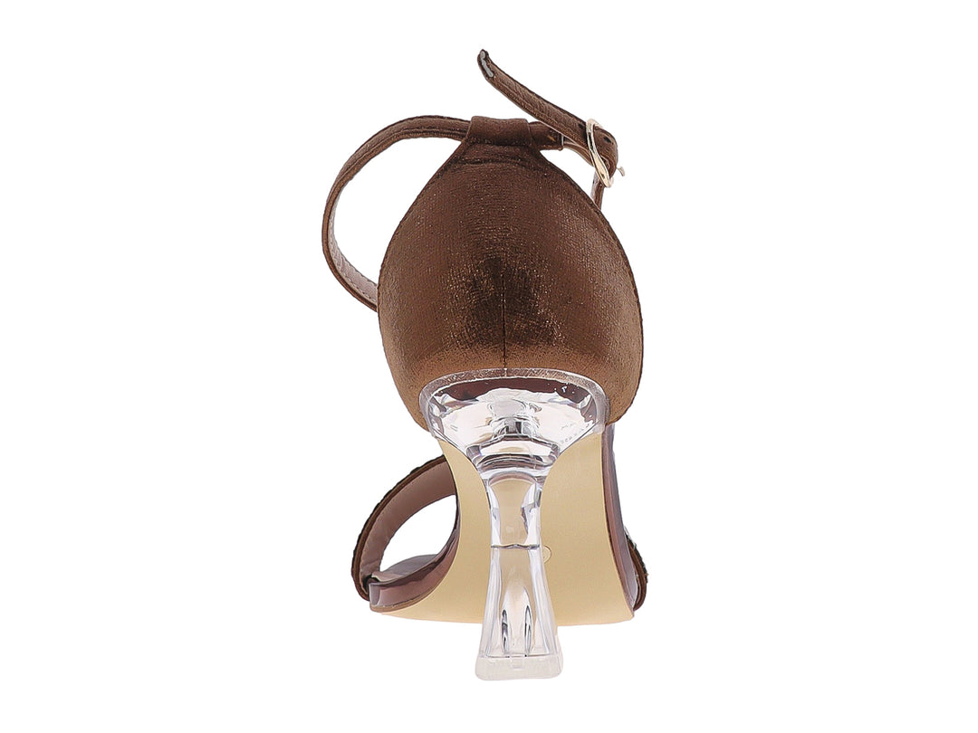 Sandalia color bronce para mujer con tacón transparente y correa frontal decorada con cristales brillantes.