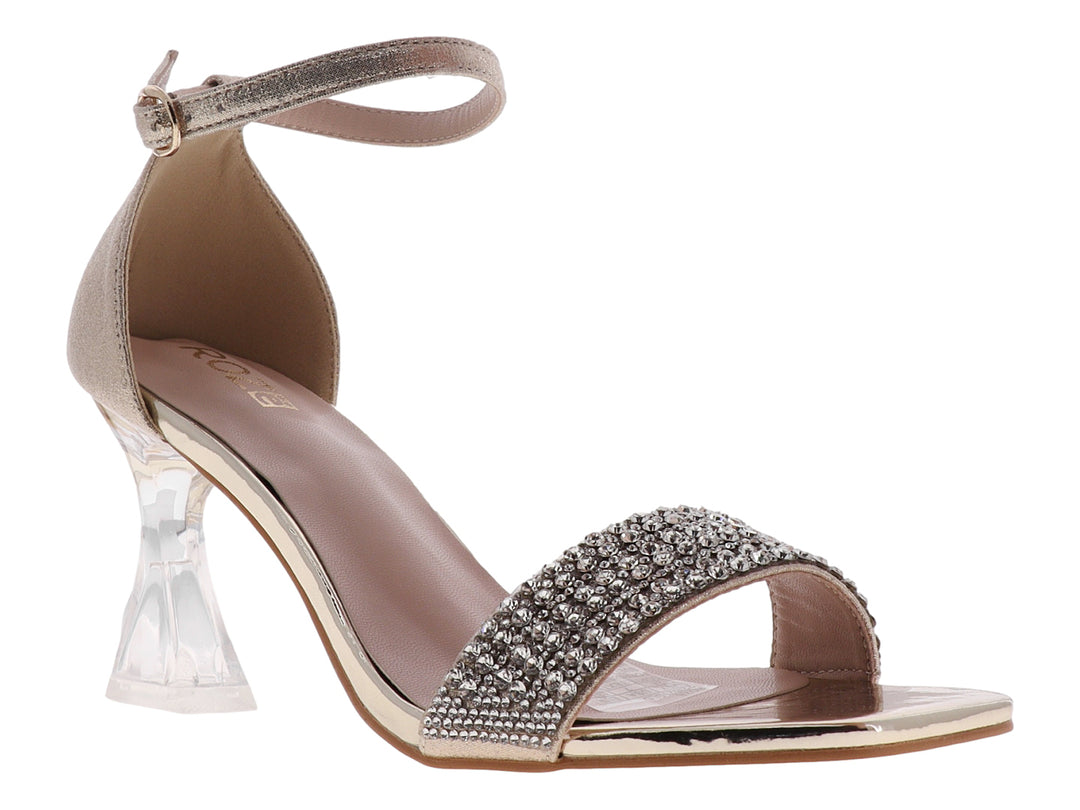 Sandalia dorada para mujer con tacón transparente y correa frontal decorada con pedrería brillante.