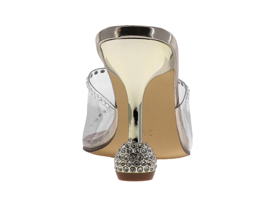 Sandalia de tacón alto dorado con tira transparente adornada con cristales y base de tacón esférica.