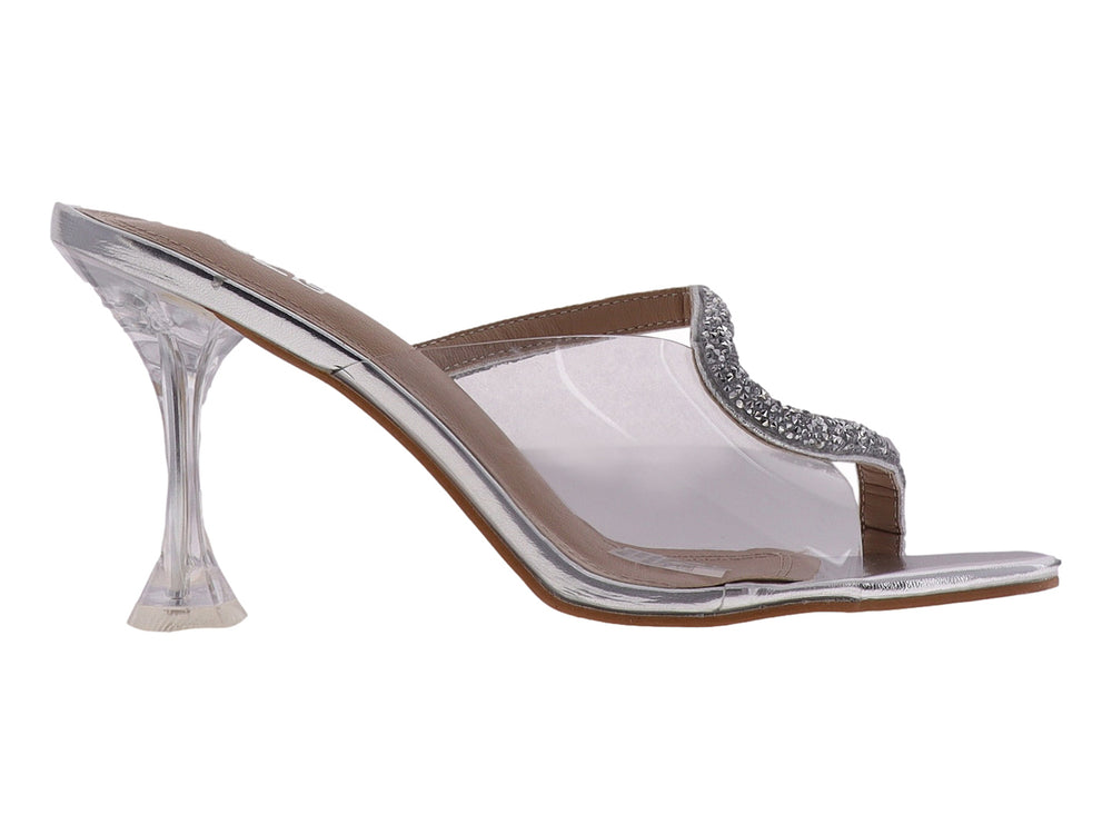 Sandalia plateada de tacón alto y transparente con tira frontal brillante marca ROZE.
