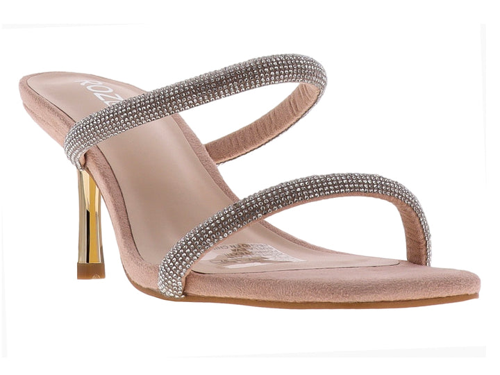 Sandalia color nude para mujer con tacón dorado y tiras decoradas con pedrería plateada.