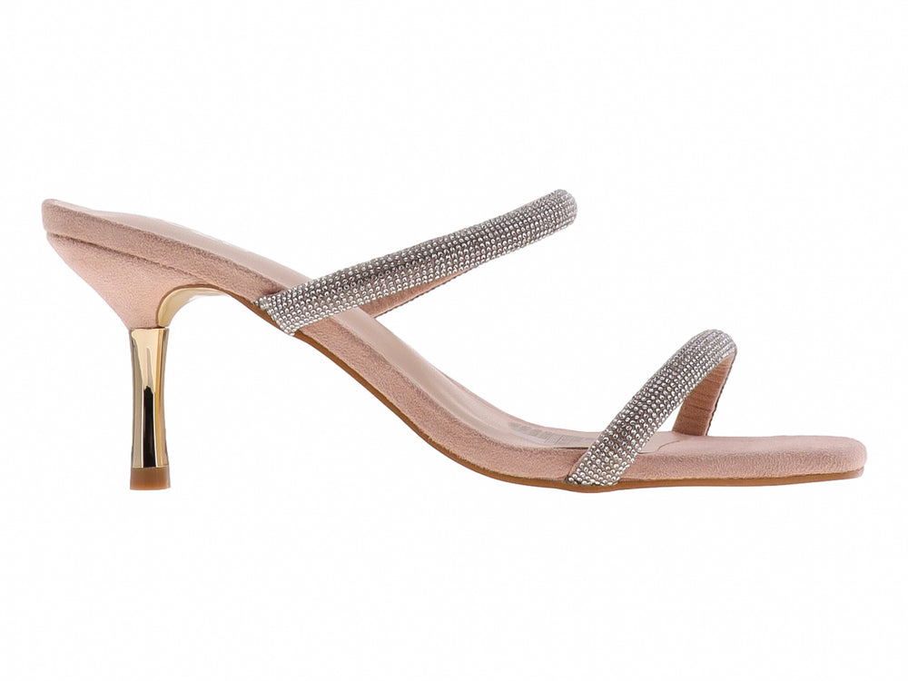 Sandalia color nude para mujer con tacón dorado y tiras decoradas con pedrería plateada.