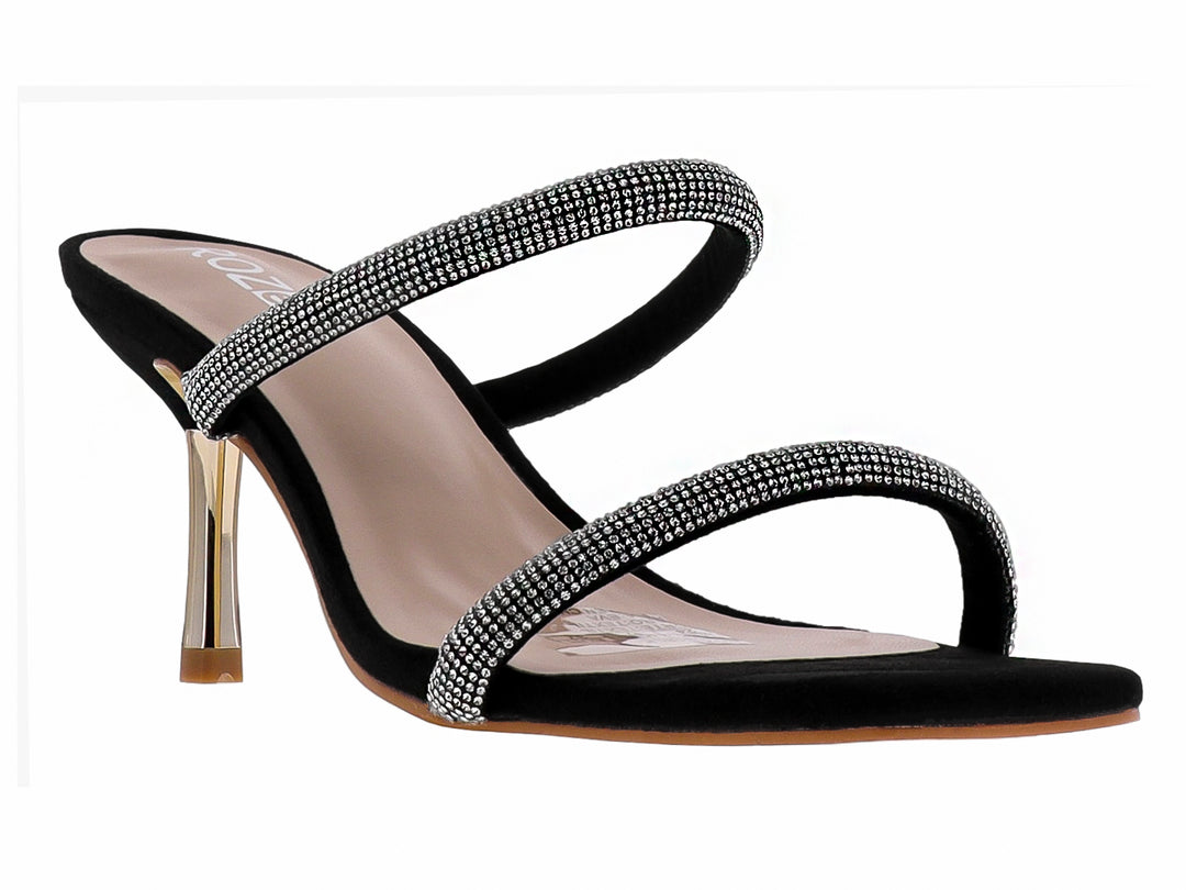 Sandalia negra de tacón con tiras decoradas con brillantes y tacón dorado.