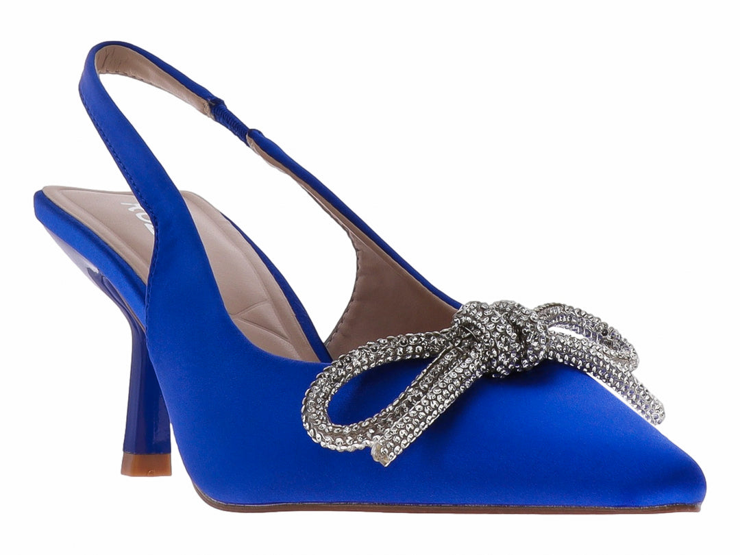 Zapatilla de tacón azul con moño plateado brillante y diseño slingback.