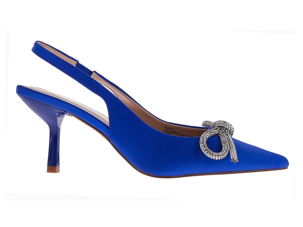 Zapatilla de tacón azul con moño plateado brillante y diseño slingback.
