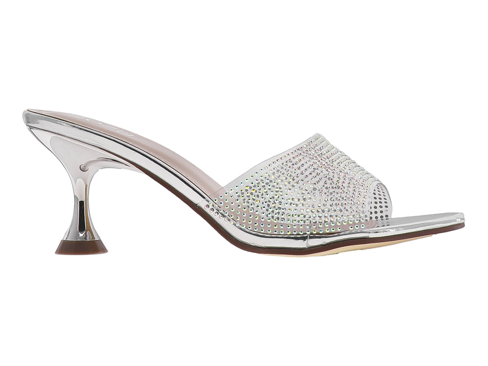 Sandalia plateada de tacón con detalles de brillantes y punta abierta para mujer.