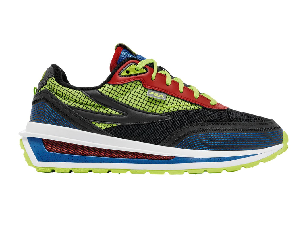 Tenis deportivos FILA multicolores en negro, azul, verde lima y rojo con suela blanca y verde.