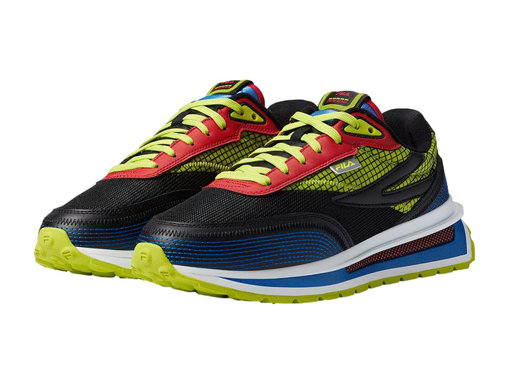 Tenis deportivos FILA multicolores en negro, azul, verde lima y rojo con suela blanca y verde.