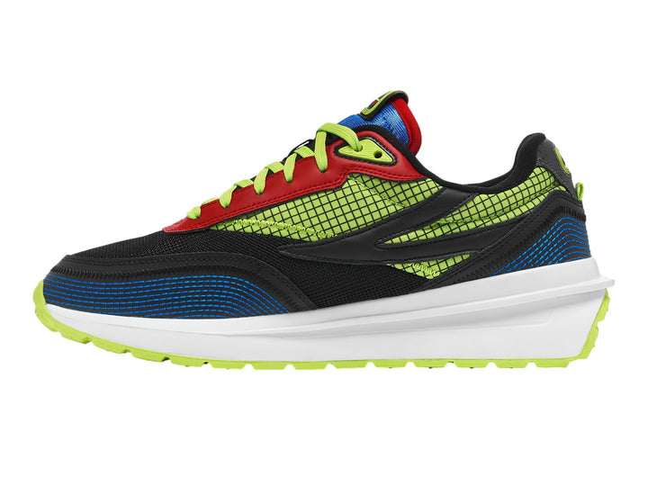 Tenis deportivos FILA multicolores en negro, azul, verde lima y rojo con suela blanca y verde.