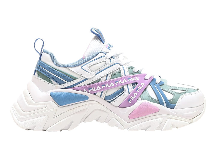Tenis FILA blancos con detalles en azul y morado, suela ancha y robusta para deporte o uso casual.