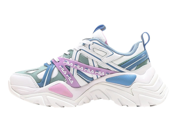 Tenis FILA blancos con detalles en azul y morado, suela ancha y robusta para deporte o uso casual.