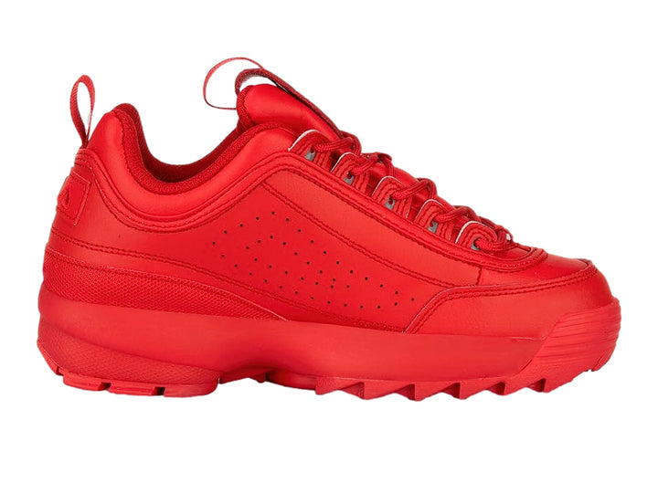 Tenis FILA Disruptor II Premium en color rojo intenso con suela gruesa y dentada.