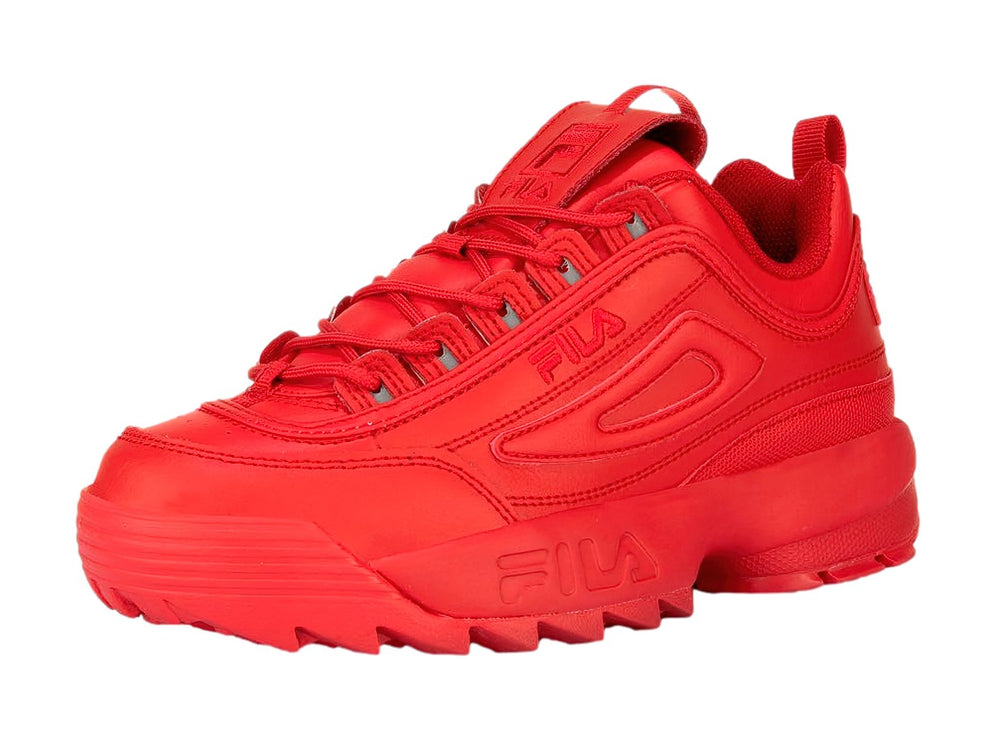 Tenis FILA Disruptor II Premium en color rojo intenso con suela gruesa y dentada.