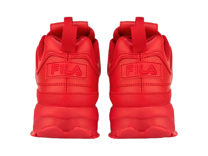 Tenis FILA Disruptor II Premium en color rojo intenso con suela gruesa y dentada.