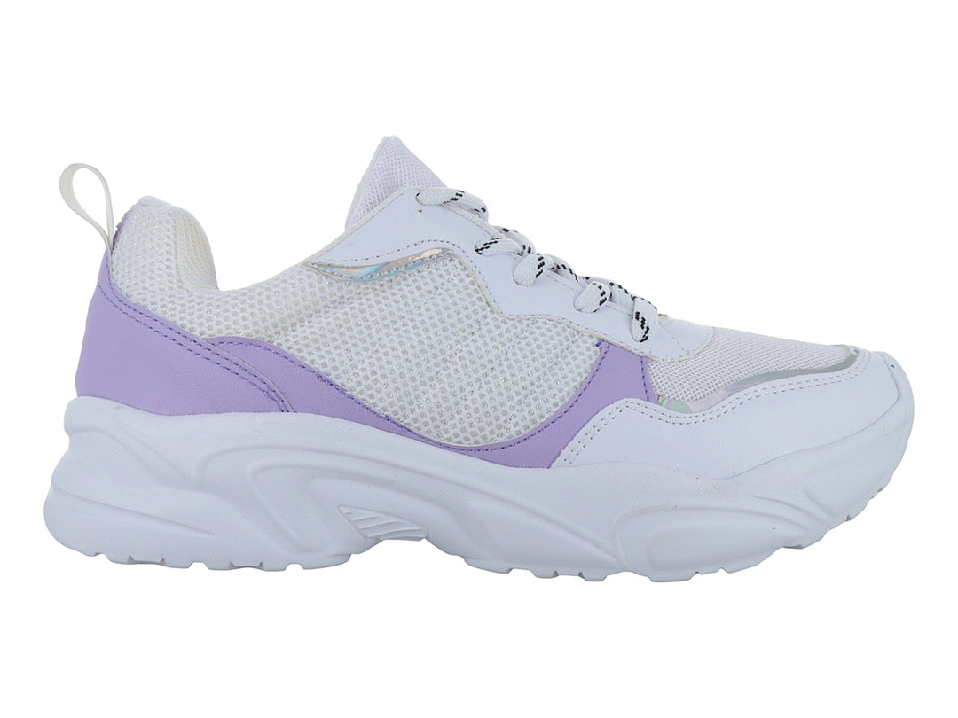 Tenis deportivos Andrax en color blanco con detalles en lila y suela blanca gruesa.
