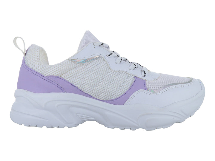 Tenis deportivos Andrax en color blanco con detalles en lila y suela blanca gruesa.