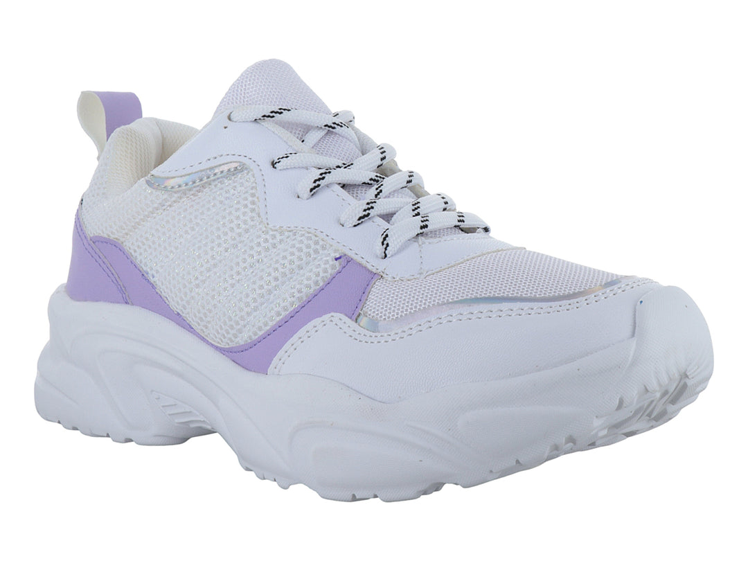 Tenis deportivos Andrax en color blanco con detalles en lila y suela blanca gruesa.