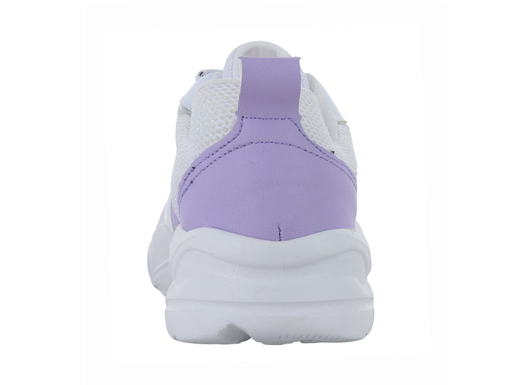 Tenis deportivos Andrax en color blanco con detalles en lila y suela blanca gruesa.