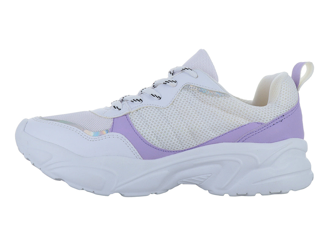 Tenis deportivos Andrax en color blanco con detalles en lila y suela blanca gruesa.