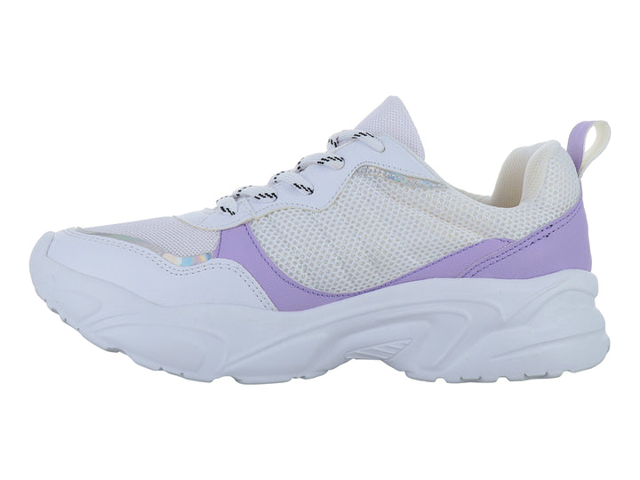 Tenis deportivos Andrax en color blanco con detalles en lila y suela blanca gruesa.