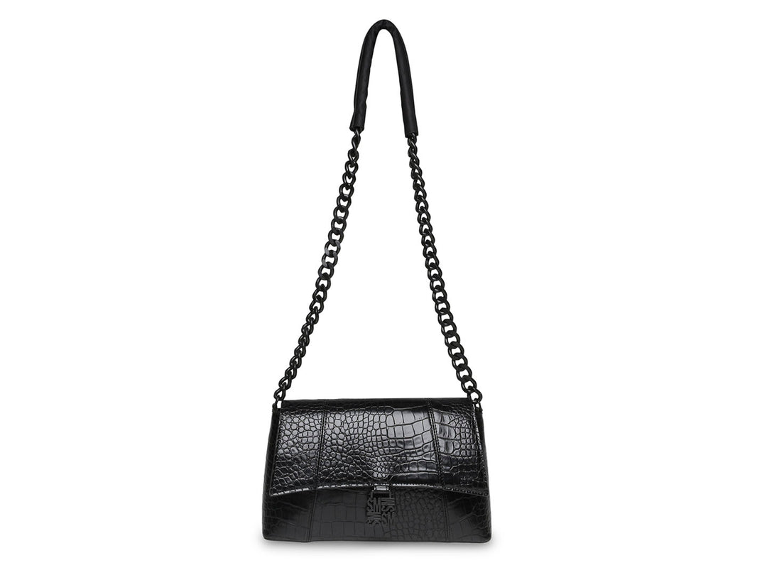 Bolso de hombro Steve Madden color negro con textura de cocodrilo y correa de cadena.