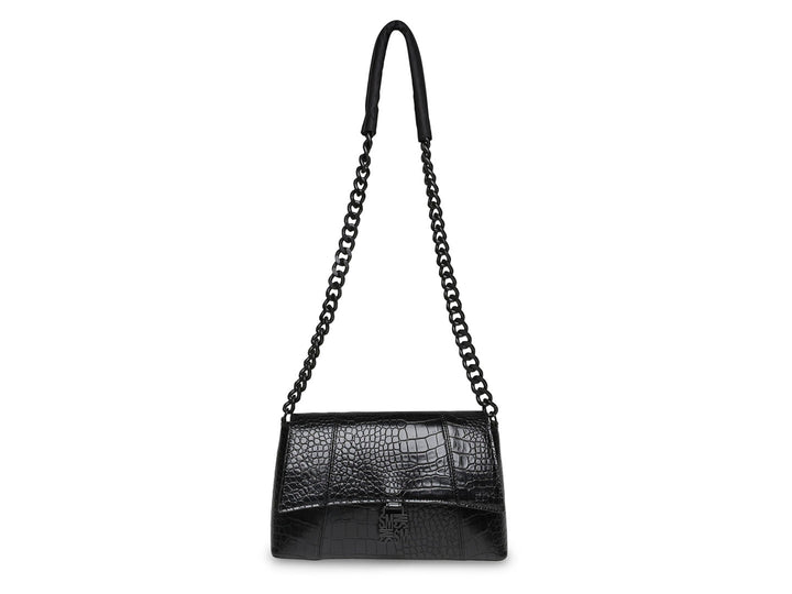 Bolso de hombro Steve Madden color negro con textura de cocodrilo y correa de cadena.