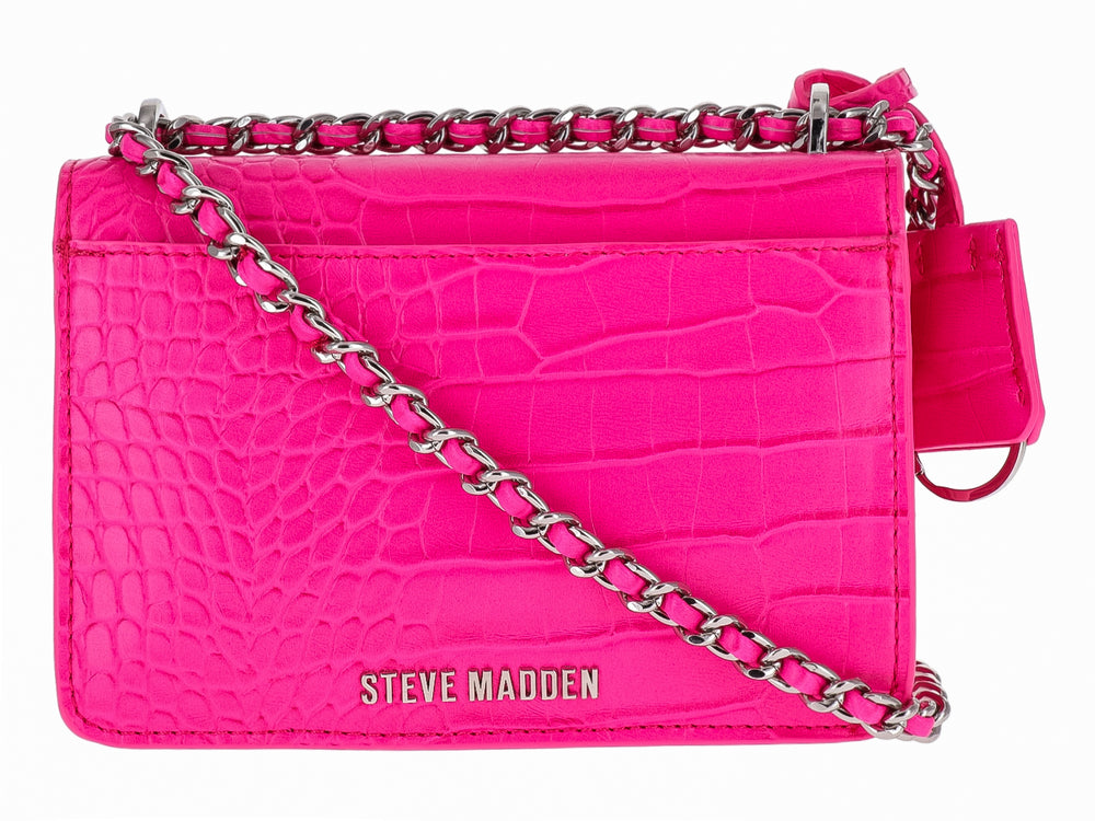 Bolso de hombro Steve Madden en color rosa intenso con textura de cocodrilo y cadena plateada.